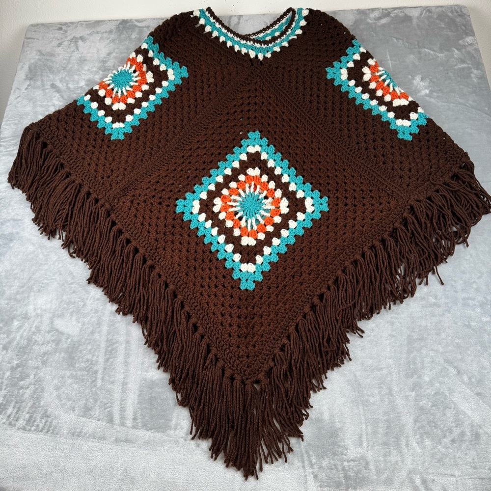 VTG Handmade Crochet Poncho Cape OS Granny Square Boho Festival Hippie Grannie